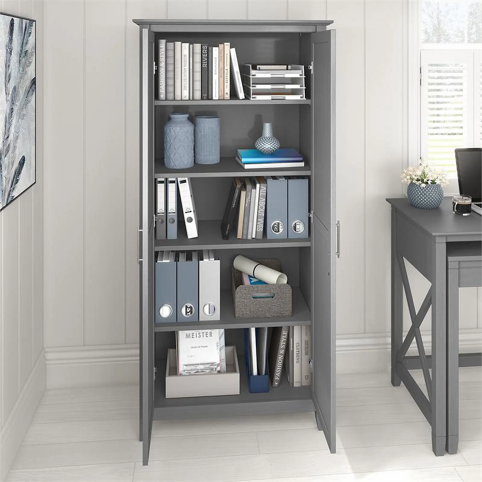 Pemberly Row Tall Storage Cabinet with Doors in Cape Cod Gray - Engineered Wood