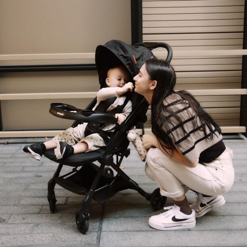 Mompush Lithe V2 Lightweight Stroller + Snack Tray, Ultra-Compact Fold & Airplane Ready Travel Stroller, Near Flat Recline Seat, Cup Holder