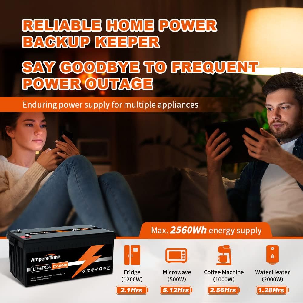 Ampere Time 12V 300Ah LiFePO4 Battery with 14.6V 20A Dedicated Lithium Battery Charger, Max 2560W Power Output, Built-in 200A BMS, 4000+ Cycles