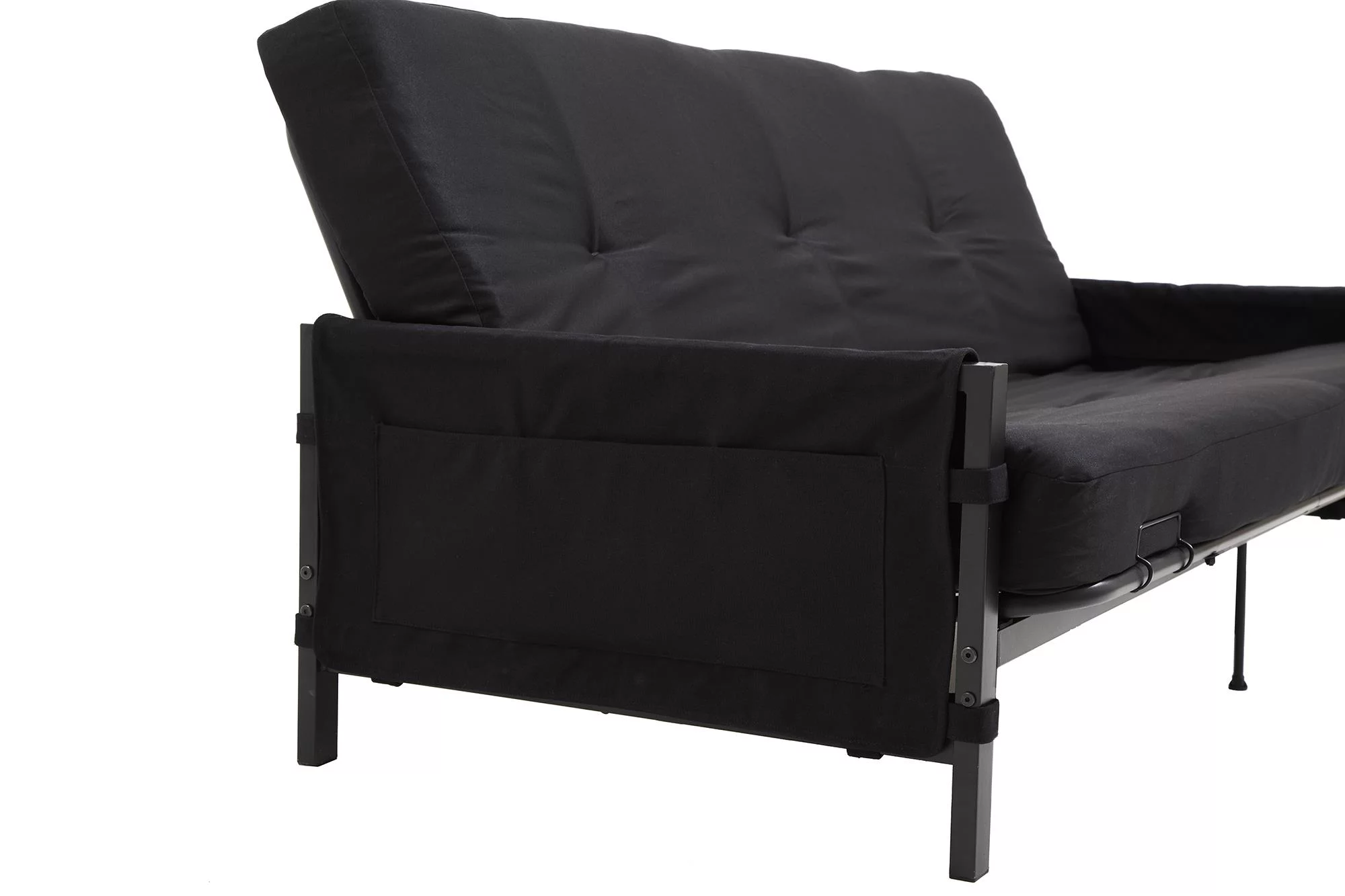DHP Fairview Futon Set with Black Metal Frame, 6" Mattress and Storage Pockets, Black