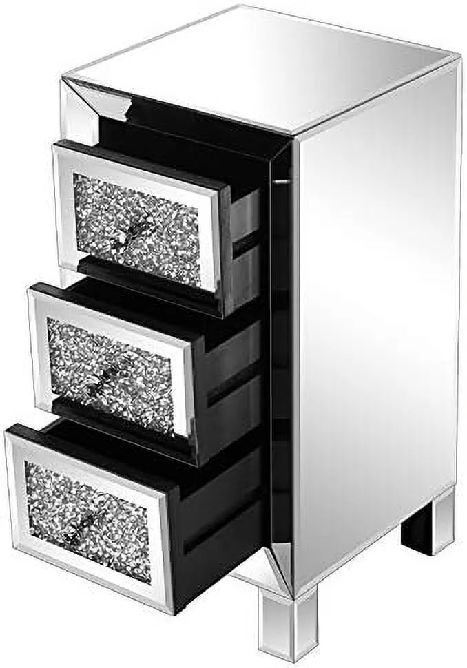 RUNFAYBIU Elegant Mirrored 3-Drawer Dresser with  Front Modern Silver Finish Bedroom Nightstand Stylish  Drawer Chest Organizer for Bedroom Living
