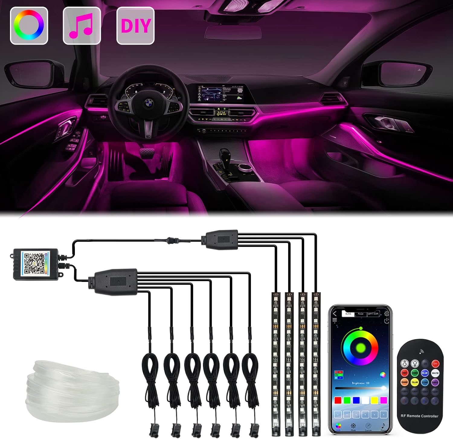 Interior Car Lights, WEBUPAR Car Accessories 10 in 1 Car LED Strip Lights with APP Control, 236 inches Fiber Optic