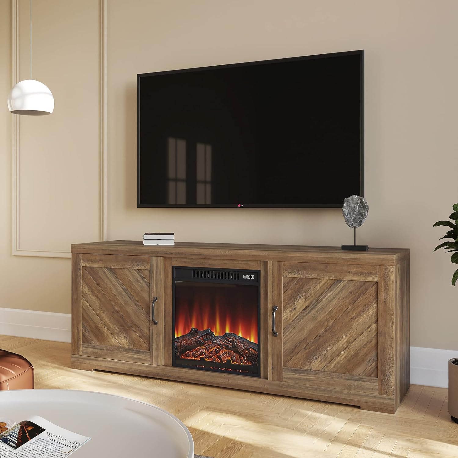 BELLEZE Modern Farmhouse Electric Fireplace TV Stand & Media Entertainment Center Console Table for TVs up to 65 Inch with Storage Cabinets and