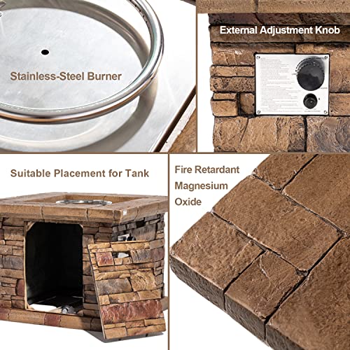 COSIEST Outdoor Propane Concrete Fire Pit Table w Imitation Stone Surface 32-inch Round Fire Table, CSA Certified, 40,000 BTU Stainless Steel Burner
