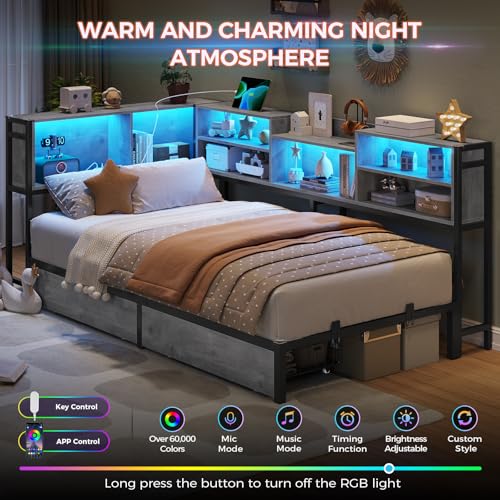 DICTAC Corner Twin Bed Frame with Bookcase Storage and Led Lights Metal Twin Size Platform Beds with Storage and Charging Station Twin Daybed with 2