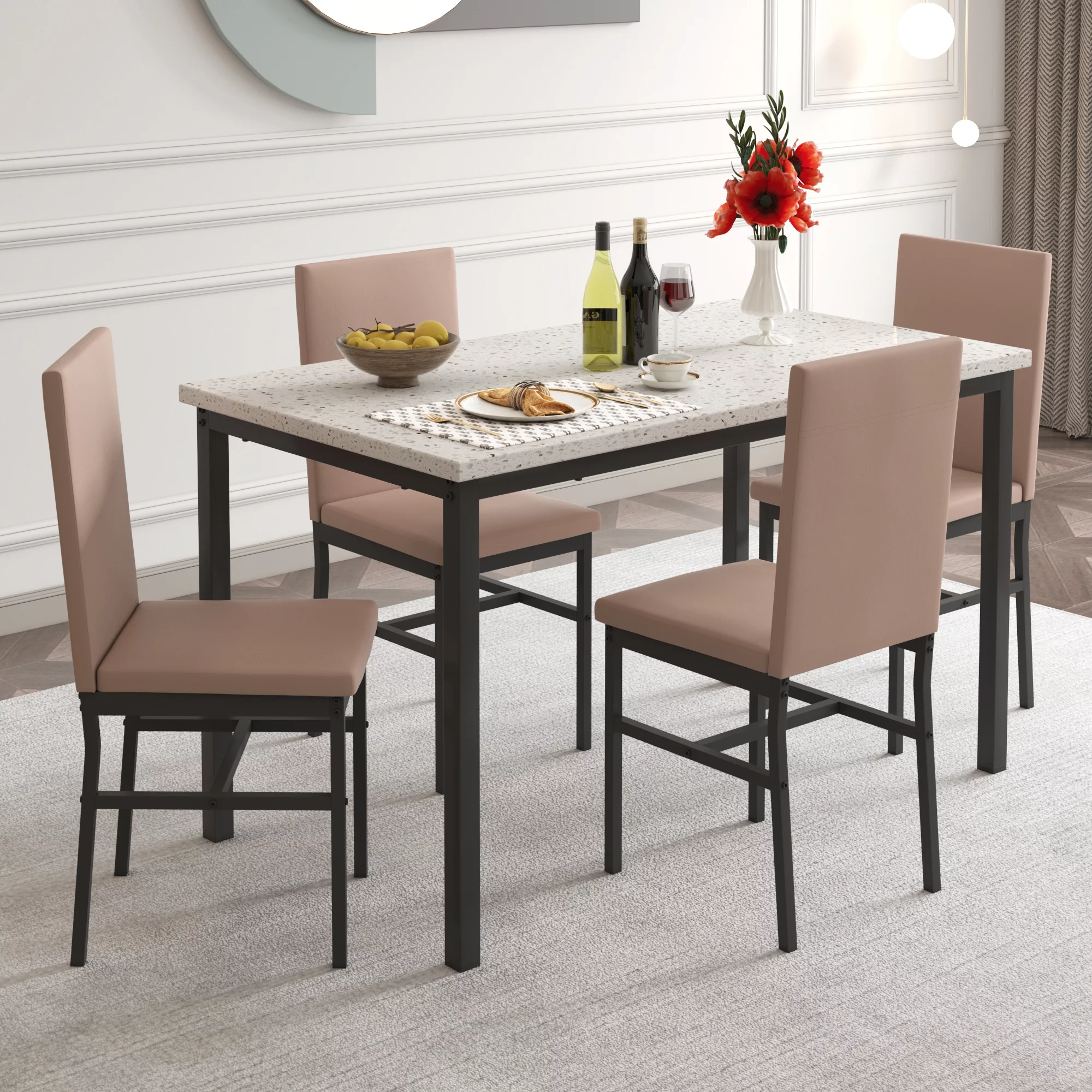 5 Piece Kitchen Dining Table Set, Marble Top Dining Set for 4 with Faux Leather Chair, Elegant Dining Room Set, Space Saving Table and Chairs