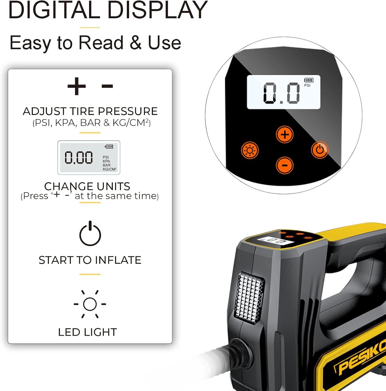 Air Pump for Car Tires，150PSI 10000mAh Cordless Tire Inflator Portable Air Compressor with 12V Car Power Adapter Digital Pressure Gauge for Cars