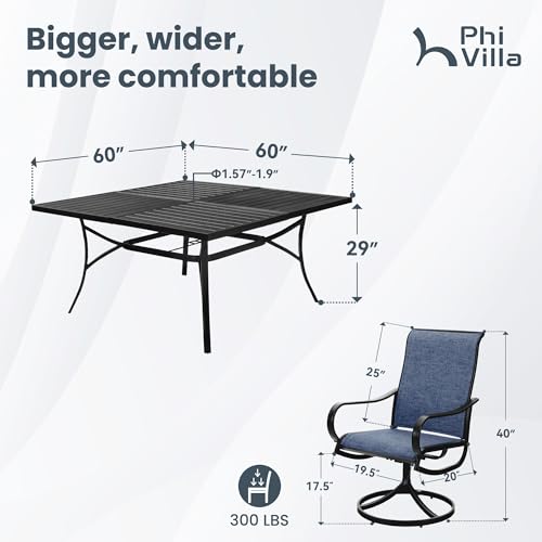 PHI VILLA 5 PCS Outdoor Patio Dining Set with Swivel Dining Chairs (Blue) and 37"x 37" Metal Steel Dining Table(1.57" Umbrella Hole)