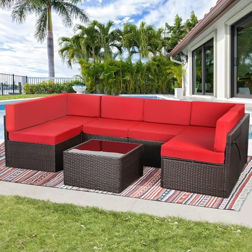 U-MAX 7 Piece Outdoor Patio Furniture Set, PE Rattan Outdoor Wicker Sectional Furniture Chair Set with Cushions and Tea Table
