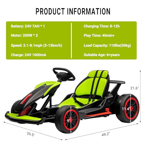 Kids Go Kart, Ride On Drift Kart with Dual 200W Motors, 24V Battery Powered Electric Drift Car, Outdoor 2-Speed Ride On Racing Toy for Boys Girls 6+