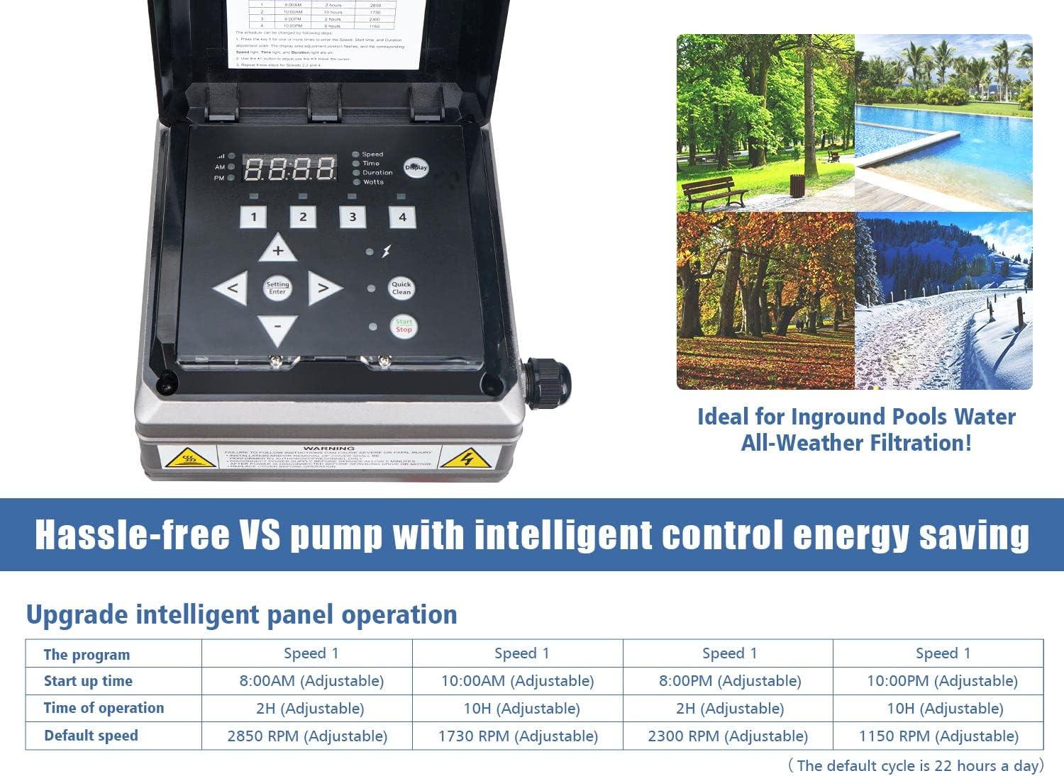 3HP Variable Speed Pool Pump High Performance with Intelligent Control for Easy operation and Energy Saving for All-Weather Clean Swimming Pools