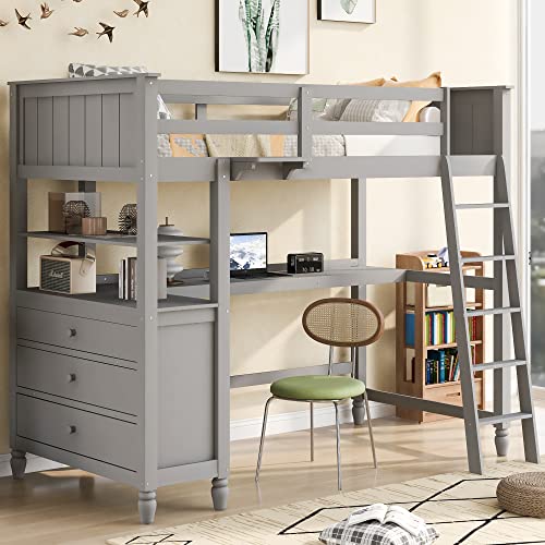 Merax Loft Bed Twin Size with Desk, Wood Frame with Shelves & Drawers, Inclined Ladder Design, White