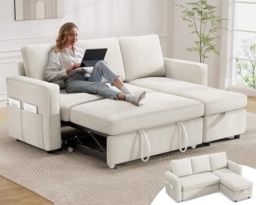 81" Sleeper Sofa Bed with Pull Out Bed, L Shaped Couch Sectional Sleeper Sofa, Pull Out Couch with Reversible Storage Chaise, Side Pockets