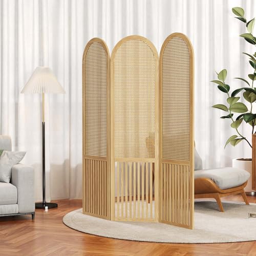 Room Divider and Folding Privacy Screens, Pine Wood 5.6 Ft Double Hinged Rattan Partition Freestanding Wall Room Divider for Home - 3 Panels