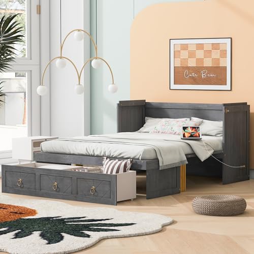 Harper & Bright Designs Full Size Murphy Bed Wall Bed, Solid Pine Murphy Bed Chest Cube Cabinet Bed with USB