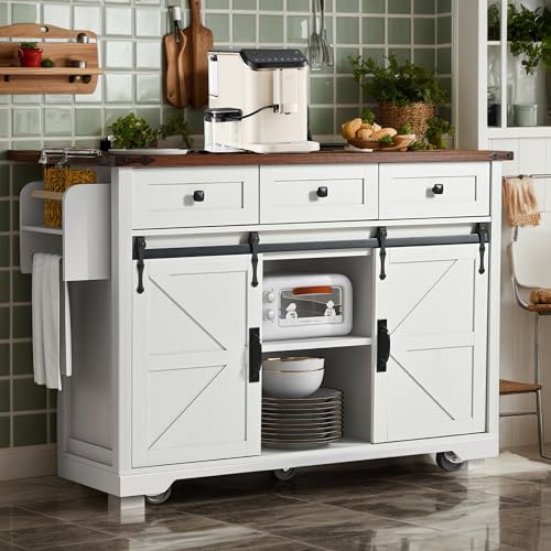 53.7" Farmhouse Kitchen Island with Drop Leaf,2 Drawers,Kitchen Storage Island with Power Outlet,Spice Rack
