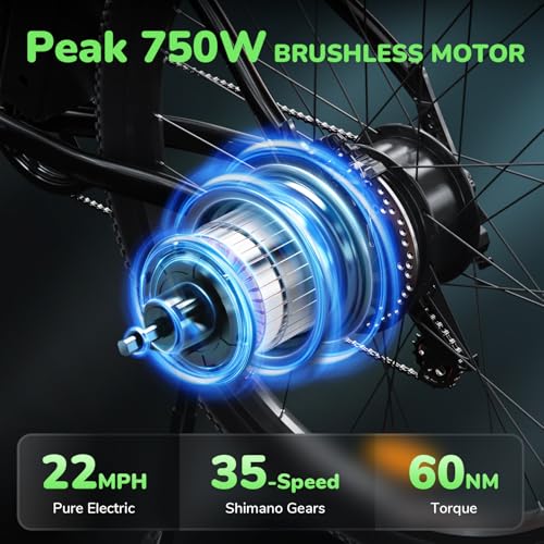 35-Speed Electric Bike for Adults 750W 26" Tire Commuting Electric Mountain Bike 20MPH Range 55+ Miles 374.4Wh Removable Battery Front Fork