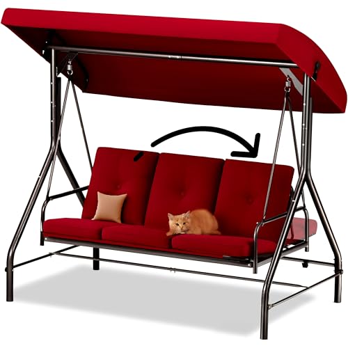 Porch Swing - 3-Seat Patio Outdoor Swing with Canopy for Adultes, Convertible Glider Bed, Thick Removable Cushions & Pillows for Backyard, Porch