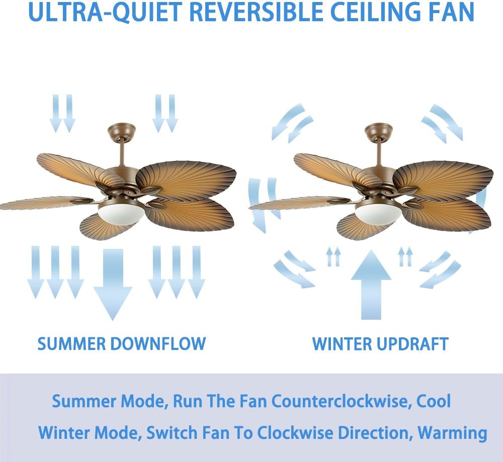 52" Tropical Palm Ceiling Fan with LED Light and Five Palm Leaf Blades - New Bronze Finish