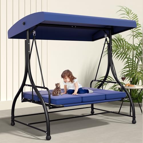 3-Seat Outdoor Porch Swing Glider with Adjustable Canopy, Patio Swings Bed with Removable Cushion for Porch, Backyard, Garden, Poolside, Balcony