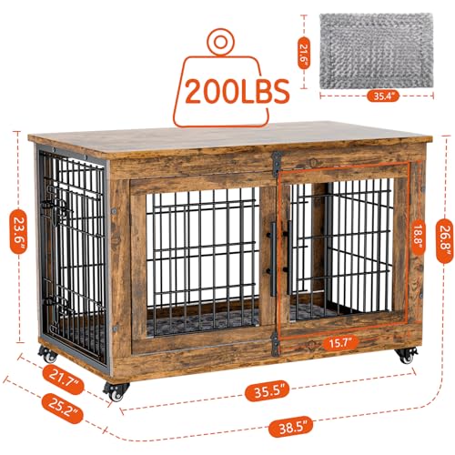Lulive Dog Crate Furniture for Medium Dogs, 32'' Dog Kennel Indoor with Cushion & Wheels Wooden Dog Cage Double Doors Dog Crate End Table, Grey