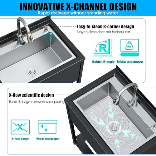Stainless Steel Utility Sink, 30.8" × 22" × 39.5"Freestanding Sink with Cold and Hot Water Faucet,Hoses and Drain Kit for Kitchens, Bathrooms, Garage