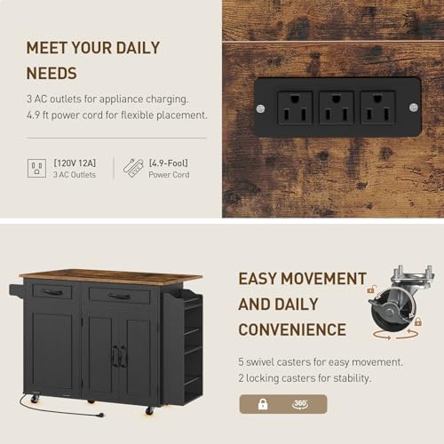 Kitchen Island with Power Outlet & Drop Leaf, Mobile Rolling Cart with Trash Can Storage, 3-Tier Spice Rack,Island Table for Kitchen, Dining Room