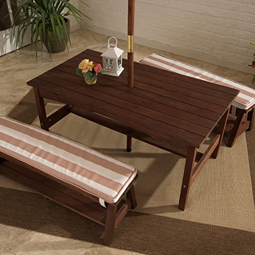 KidKraft Outdoor Wooden Table & Bench Set with Cushions and Umbrella, Kids Backyard Furniture, Navy and White Stripe Fabric