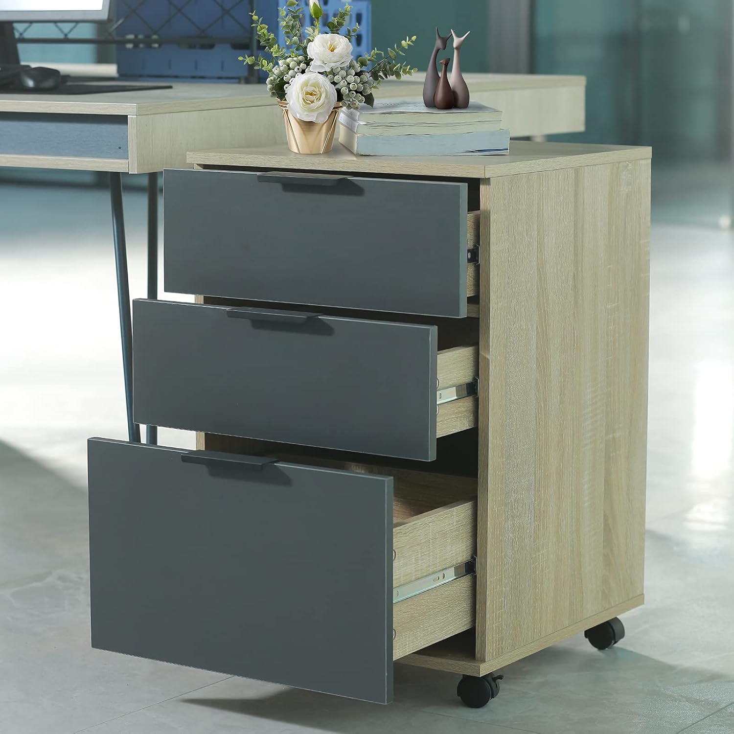 DASROOM 3 Drawer Rolling Wood File Cabinet Home Office Portable Vertical Mobile Storage Filing Cabinet with Wheels, Assembly Required, Oak