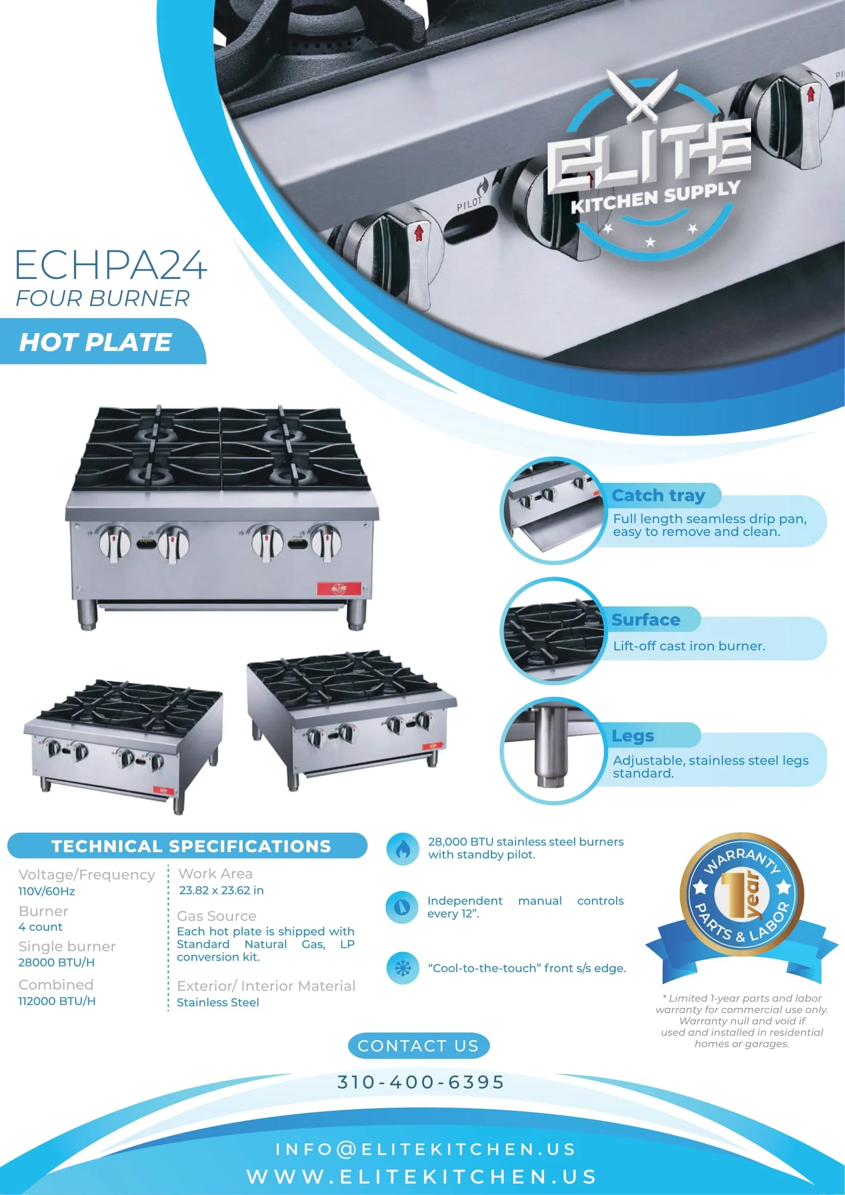 12 in. Two Burner Commercial Hot Plate/ Countertop Range 56000 BTU
