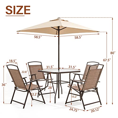 Pellebant 6PCS Patio Dining Set with Square Glass Table, 4 Folding Chairs and Patio Umbrella for Garden, Pool, Backyard, Outdoor, Indoor, Park, Patio