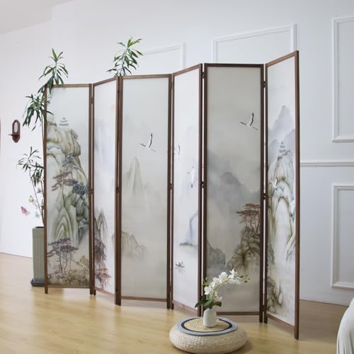 6 Panel Room Divider Screen,Double Faced Room Divider Folding Wall Divider for Room Separation,Mountains and Waters Landscape,67" H x 94.5" W
