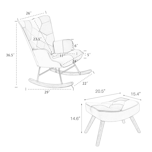 Patchwork Rocking Chair Accent Armchair Single Sofa Chair with Footstool and Pillow Fabric Upholstered High Back Armchairs Lounge Chair for Living