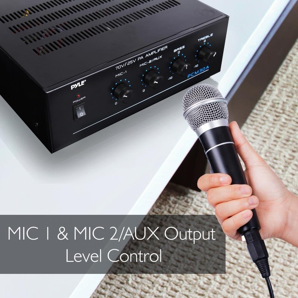 Compact Mini Home Power Amplifier - 60W Smart Small Indoor Audio Stereo Receiver w/ RCA, 2 Microphone IN, 25/70 Volt Outputs, LED, Input Selector