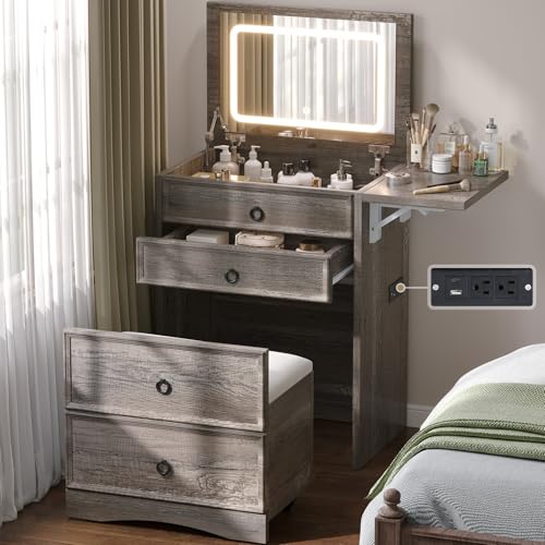 3-in-1 Vanity Set with LED Lighted Flip Top Mirror, Makeup Table with Fold-Up Panel, Hidden Stool, Charging Station