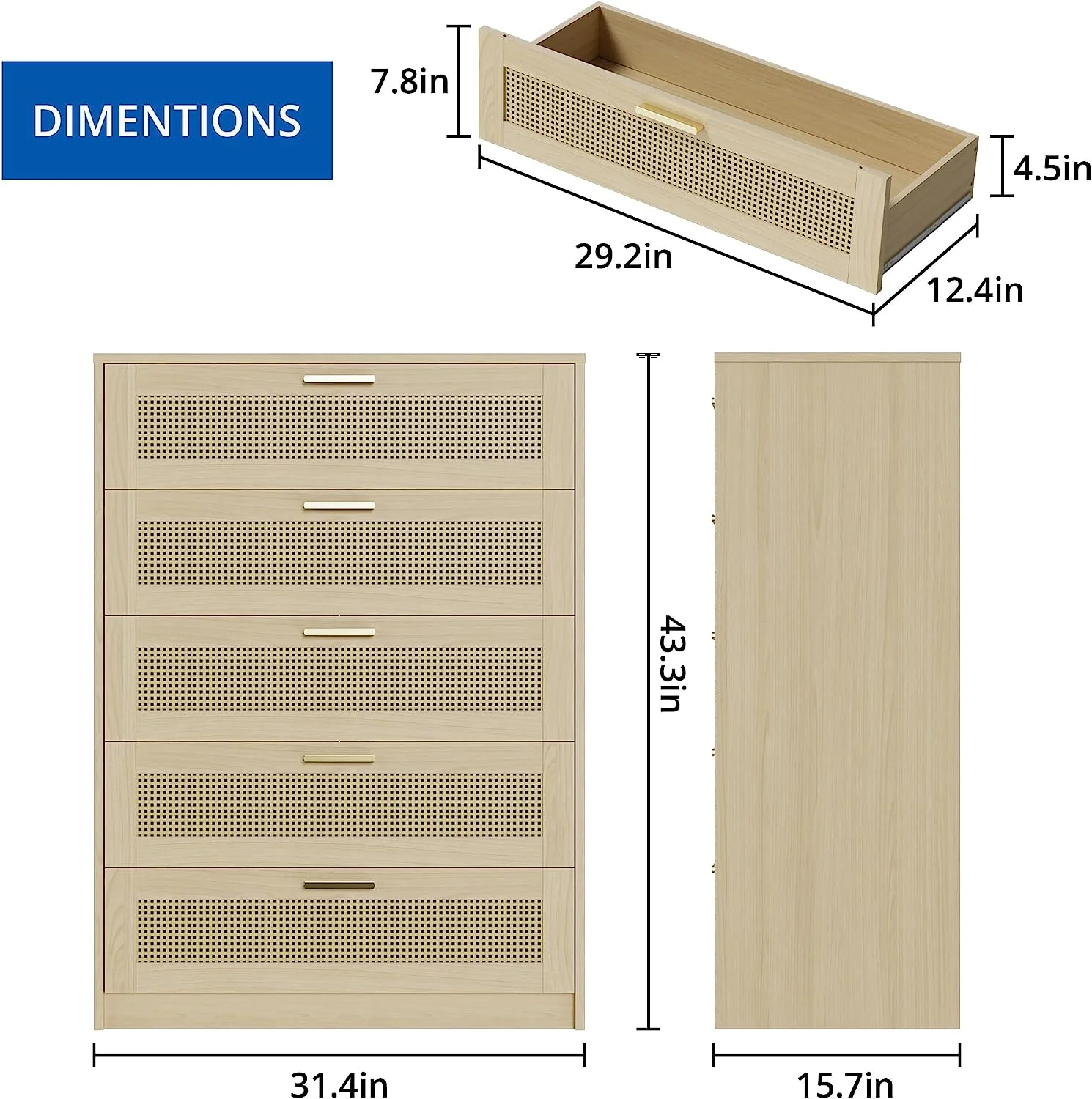 Cozy Castle Rattan 5 Drawer Dresser for Bedroom, Modern Boho Dresser for Bedroom, Wooden Chest of Drawers with Metal Handles, Oak
