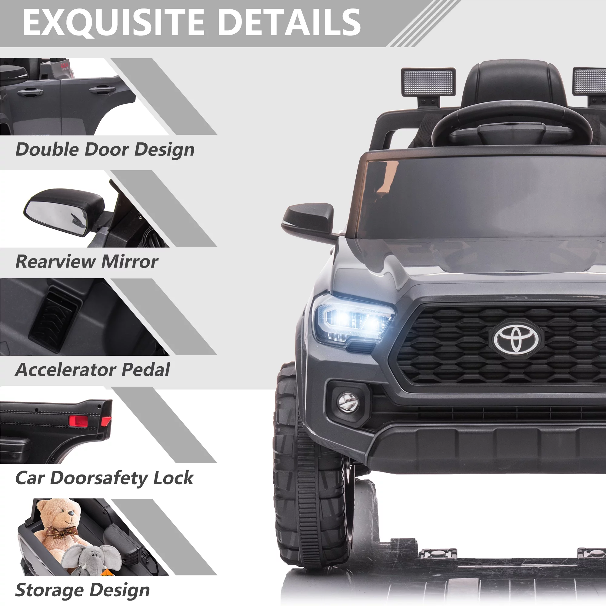 Licensed Toyota Tacoma Electric Ride on Vehicle for Kids, 12V Powered Ride on Car Toys with Remote Control, LED Lights, MP3 Player, Gray