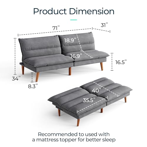 Futon Sofa Bed, 71‘’ Corduroy Fabric Futon Couch, Convertible Recliner Folding Sleeper Sofa, Adjustable Backrest, Small Futon for Small Rooms, RV