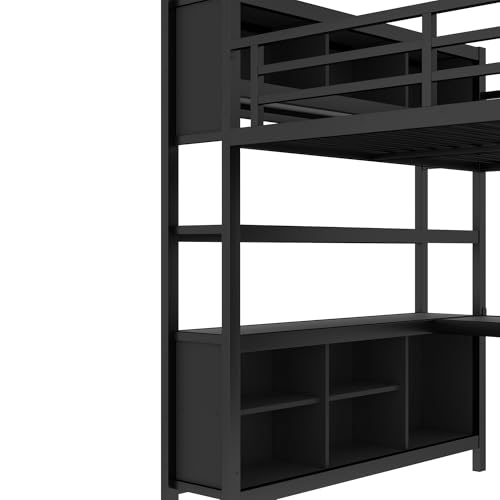Harper & Bright Designs Full Loft Bed with Desk, Metal Loft Beds with Storage Shelves, Desk, and Wardrobe, Heavy-Duty Loft Bed Frame for Kids, Teens