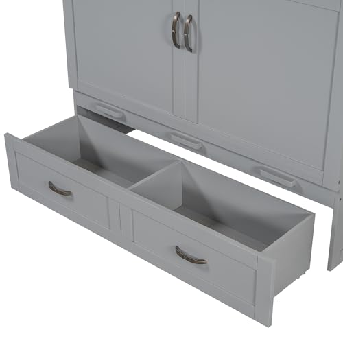Harper & Bright Designs Full Size Murphy Bed Cabinet Wall Bed, Solid Pine Murphy Bed Chest with USB Ports
