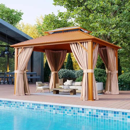 Aoxun 12'x10' Hardtop Gazebo, Aluminum Frame Permanent Pavilion with Curtains and Netting, Outdoor Polycarbonate Double Roof Canopy