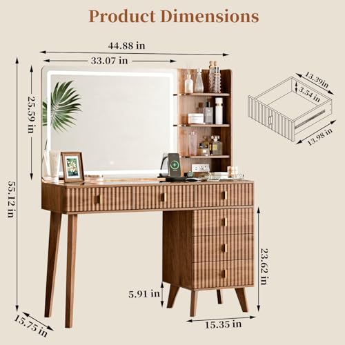 Large Makeup Vanity Desk with Mirror and Lights, Vanity Desk with 6 Drawers & Storage Shelves, Vanity Table with Power Outlet