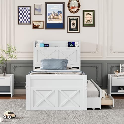 Harper & Bright Designs Twin Size Captain Platform Bed with Bookcase Headboard, Wood Twin Bed Frame with Storage Drawers and Shelves