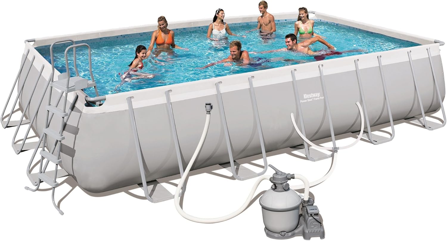 Bestway 56711E Power Steel 18' x 9' x 48 Outdoor Oval Frame Above Ground Swimming Pool Set with 1500 GPH Cartridge Filter Pump, Cover, & Ladder, Gray