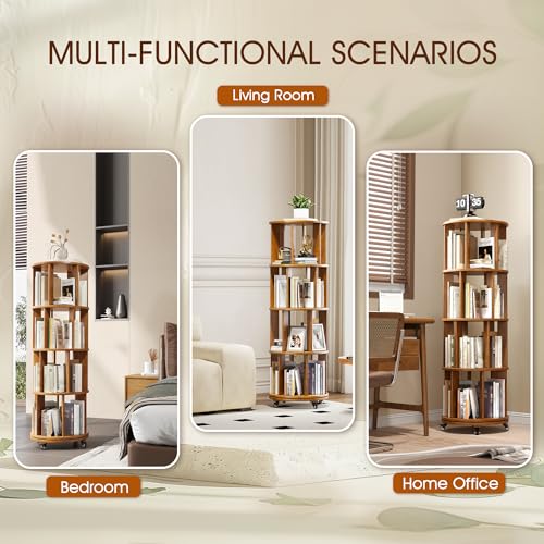 6 Tier Rotating Bookshelf Tower Spinning Bookshelf with Swivel Wheels Book Shelf Rotating Storage Tower for Kids Adult Narrow Walnut Solid Wood