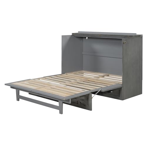 Harper & Bright Designs Full Size Murphy Bed Wall Bed, Solid Pine Murphy Bed Chest Cube Cabinet Bed with USB