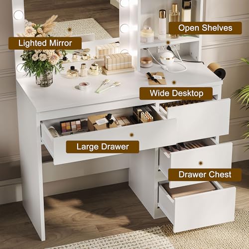 Vanity Desk with Mirror and 12 LED Lights, Makeup Vanity Table with Charging Station, 4 Drawers and Hairdryer Holder, Padded Stool with Storage, White