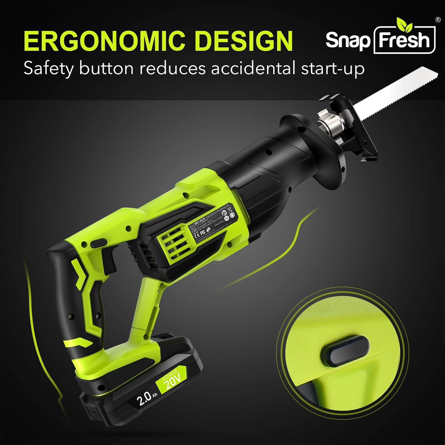 Reciprocating Saw - SnapFresh Cordless Reciprocating Saw for Woods Metal Plastic Cutting, 0-3000 SPM Powerful Motor Reciprocating Saw