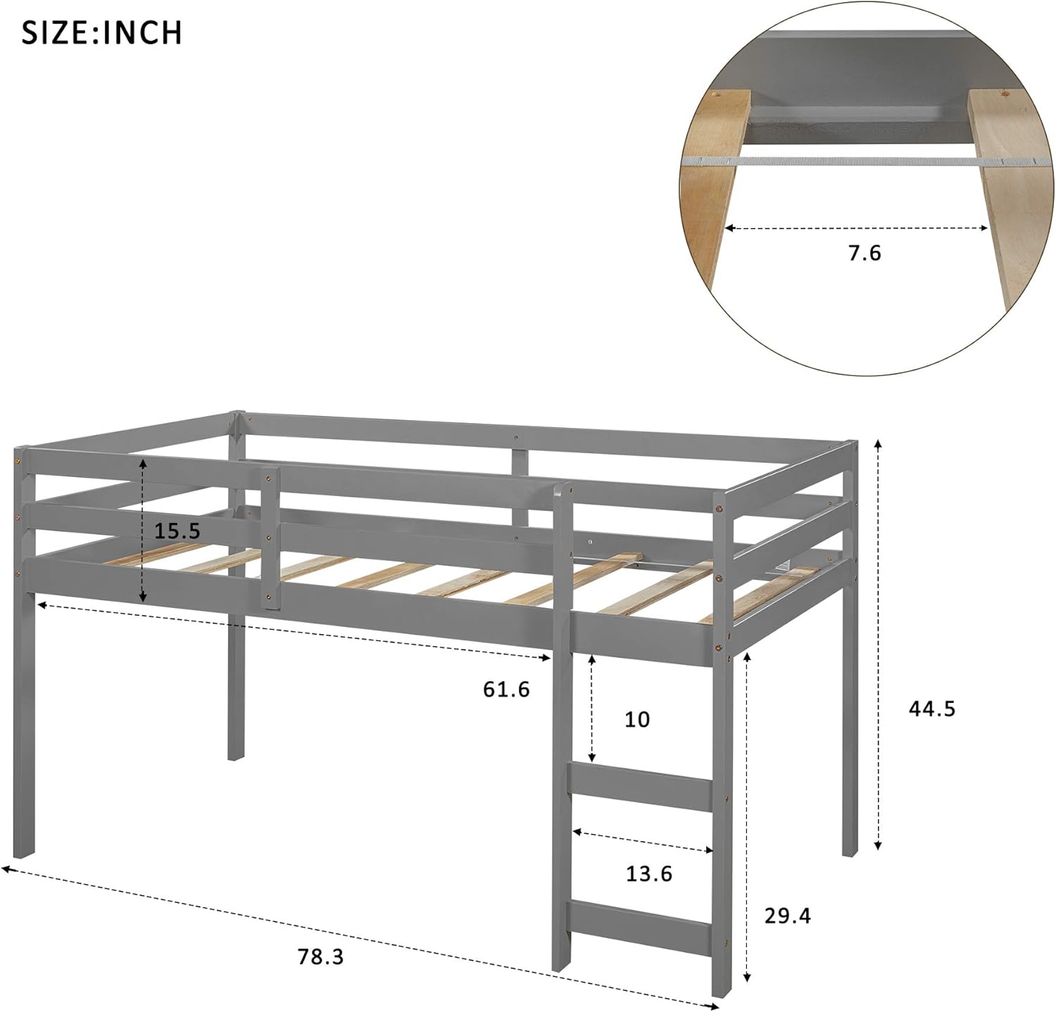 SOFTSEA Twin Study Loft Bed with Rolling Portable Desk, Cabinet and Bookcase, Low Loft Bed for Kids and Teenagers (Gray, with Desk)