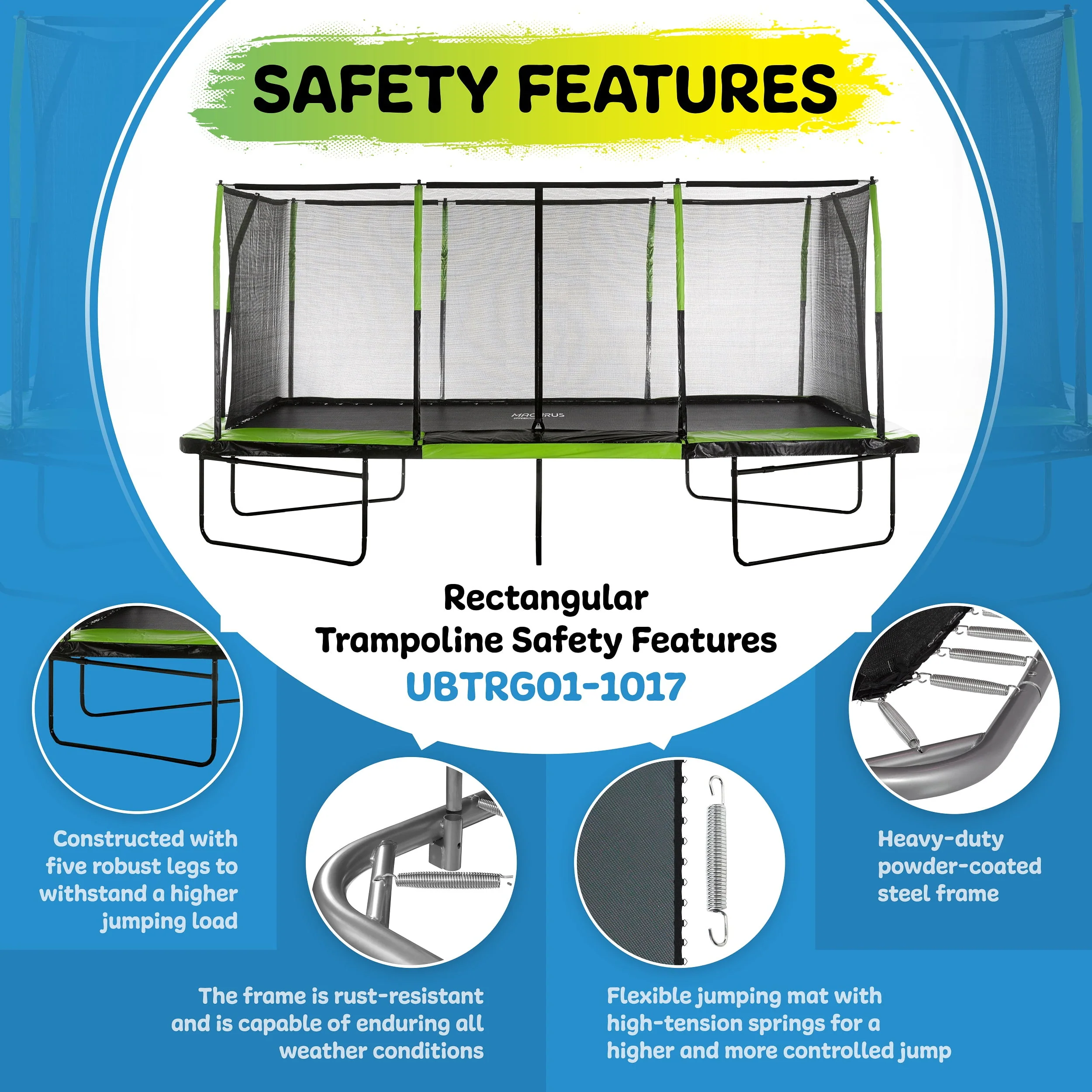 Machrus Upper Bounce - Mega 10' X 17' Gymnastics Style, Rectangular Trampoline Set with Premium Top-Ring Enclosure System - Green/Black
